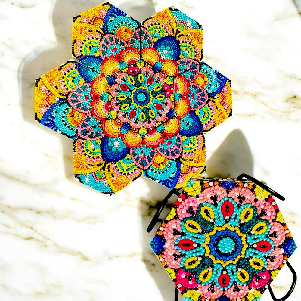 Mandala Coasters Set of 7 w/ Holder Hand Crafted and Sealed Diamond Art